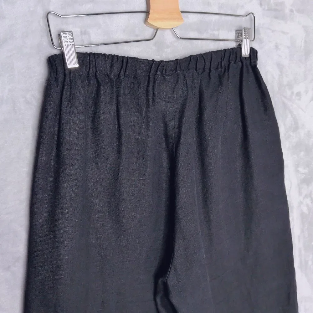 FLAX DESIGNS Black Linen Wide Leg Floods Pant Sz S Pull On Pockets Relaxed Ankle